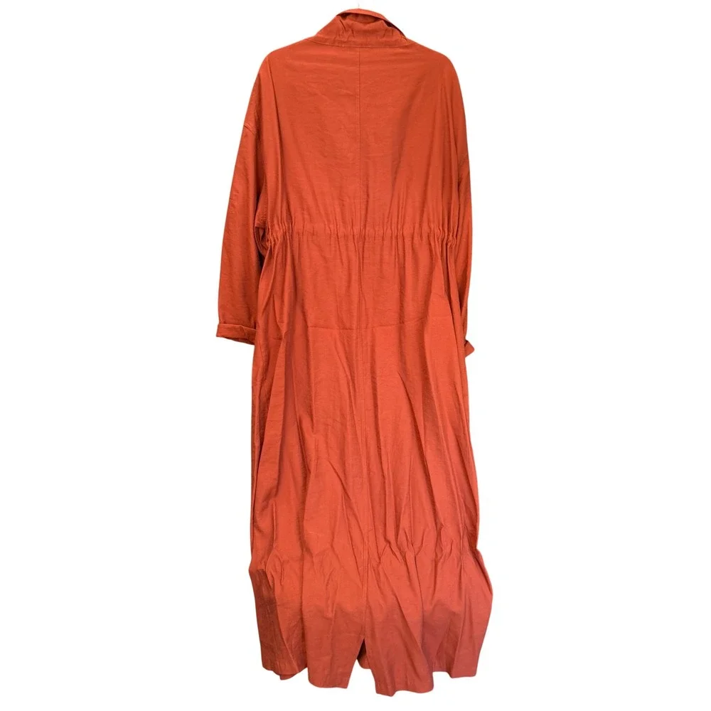 Womens Large Rust Orange Utility Coat Trench LONG Drawstring Long Rayon BBY1002 - Picture 2 of 16